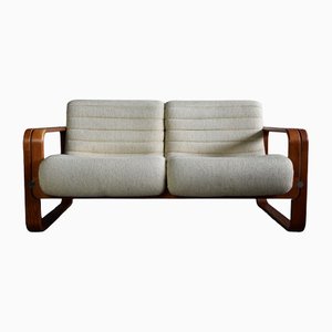 Mid-Century Modern Ecru and Wooden Frame 2-Seater Sofa attributed to Giroflex, 1970s-IEI-1397199