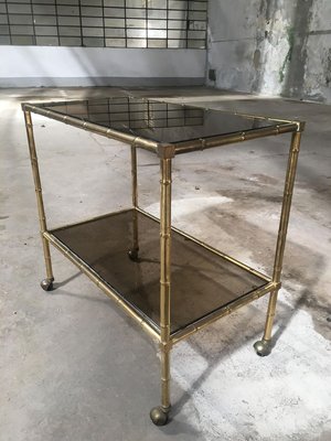 Mid-Century Modern French Gilt Metal & Faux Bamboo Bar Cart with Smoked Glasses by Maison Baguès, 1960s-DHH-932909