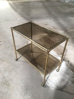 Mid-Century Modern French Gilt Metal & Faux Bamboo Bar Cart with Smoked Glasses by Maison Baguès, 1960s-DHH-932909