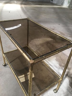 Mid-Century Modern French Gilt Metal & Faux Bamboo Bar Cart with Smoked Glasses by Maison Baguès, 1960s-DHH-932909