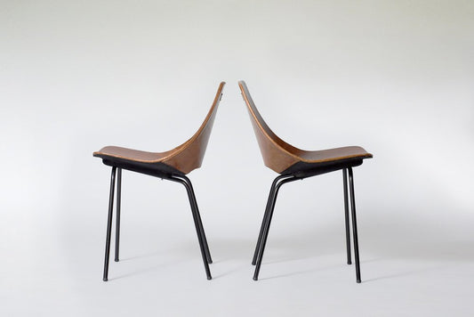 Mid-Century Modern French Tonneau Brown Leather & Metal Dining Chairs by Pierre Guariche for Maison Du Monde, 1950s, Set of 2