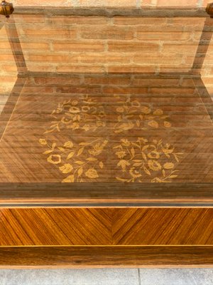 MId-Century Modern French Walnut Marquetry Base & Glass Top Side Table, 1960s-NOU-792807