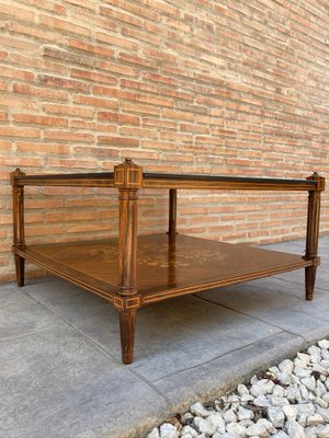 MId-Century Modern French Walnut Marquetry Base & Glass Top Side Table, 1960s-NOU-792807