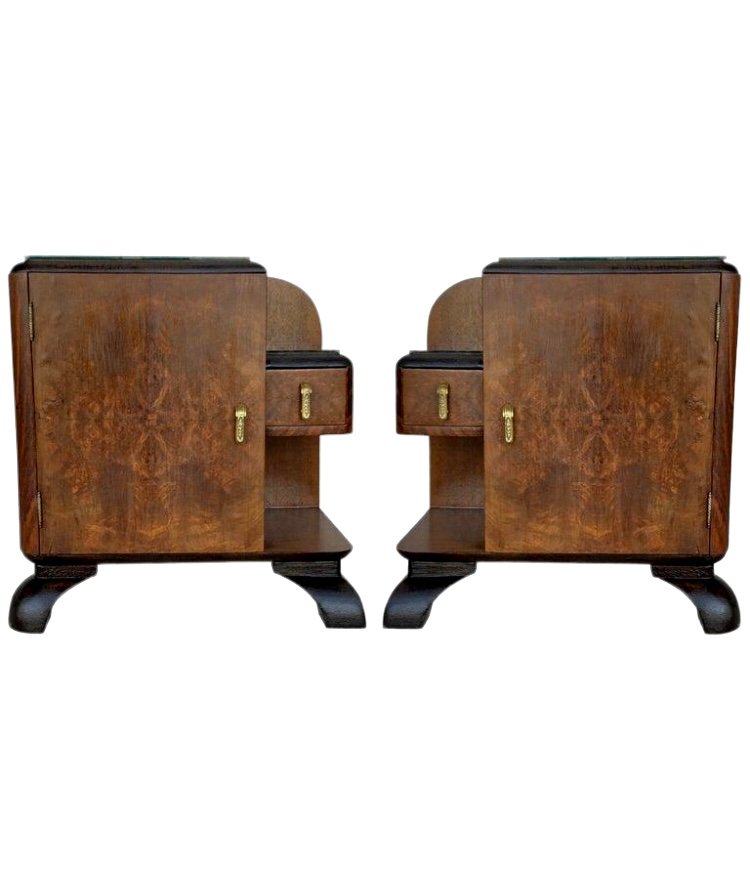 Mid-Century Modern Front Nightstands with Original Hardware and Ebonized Bases, 1940s, Set of 2