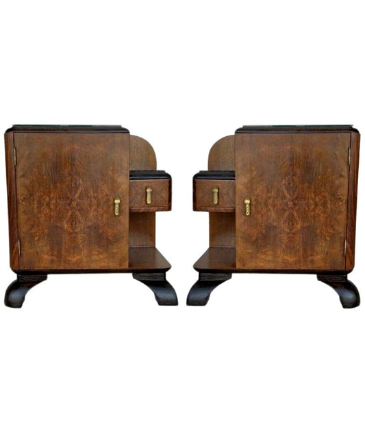 Mid-Century Modern Front Nightstands with Original Hardware and Ebonized Bases, 1940s, Set of 2