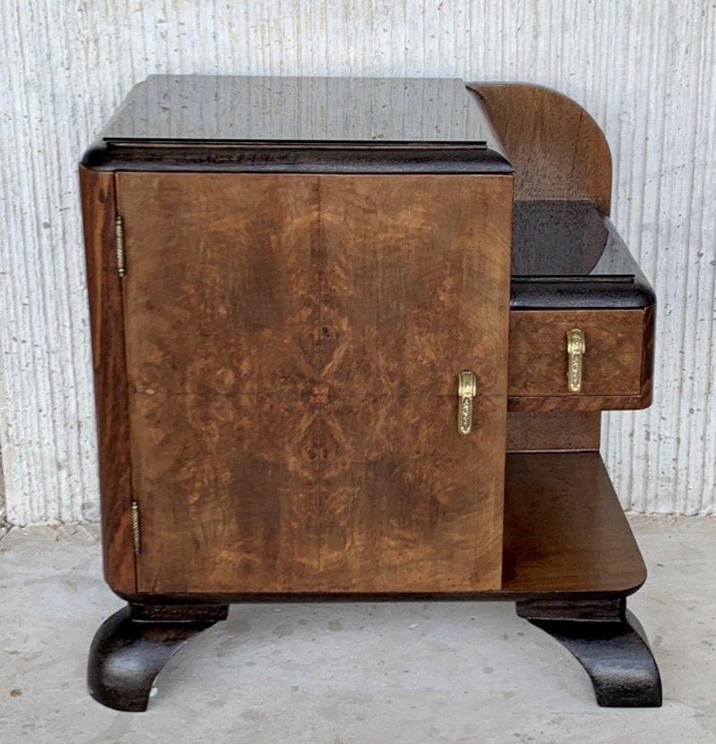 Mid-Century Modern Front Nightstands with Original Hardware and Ebonized Bases, 1940s, Set of 2