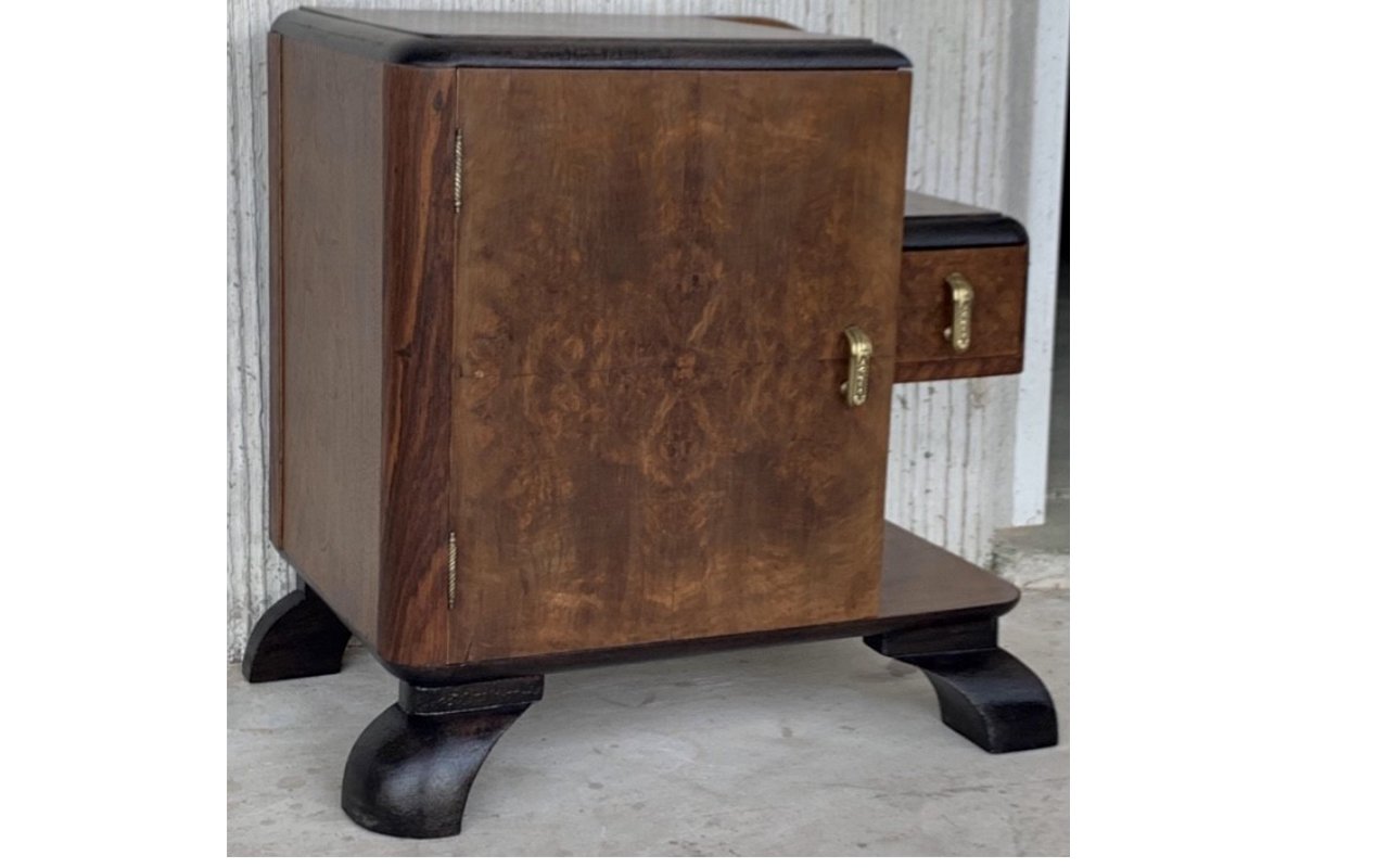 Mid-Century Modern Front Nightstands with Original Hardware and Ebonized Bases, 1940s, Set of 2