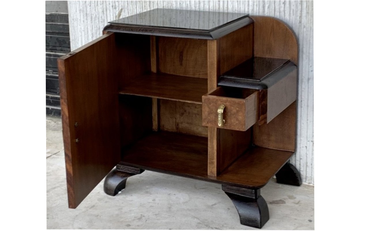 Mid-Century Modern Front Nightstands with Original Hardware and Ebonized Bases, 1940s, Set of 2