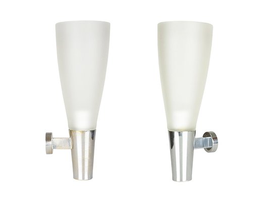 Mid-Century Modern Frosted Glass and Chrome-Plated Metal Sconces by Pietro Chiesa for Fontana Arte, Set of 2-RD-1808029