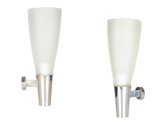 Mid-Century Modern Frosted Glass and Chrome-Plated Metal Sconces by Pietro Chiesa for Fontana Arte, Set of 2-RD-1808029