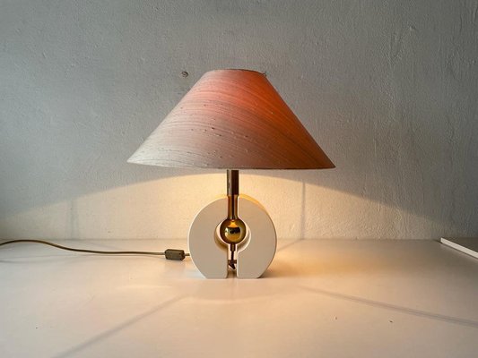 Mid-Century Modern German Fabric and White Wood Body Table Lamp with Atomic Brass Detail from Schröder & Co, 1970s-RDS-1196893