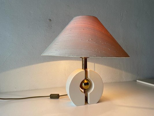 Mid-Century Modern German Fabric and White Wood Body Table Lamp with Atomic Brass Detail from Schröder & Co, 1970s-RDS-1196893