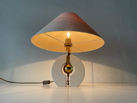 Mid-Century Modern German Fabric and White Wood Body Table Lamp with Atomic Brass Detail from Schröder & Co, 1970s-RDS-1196893