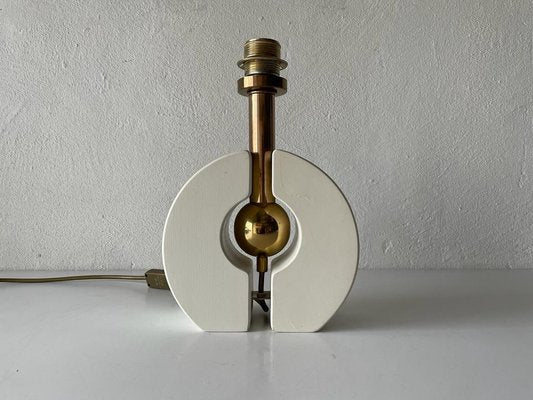 Mid-Century Modern German Fabric and White Wood Body Table Lamp with Atomic Brass Detail from Schröder & Co, 1970s-RDS-1196893