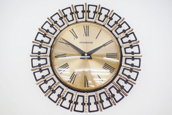 Mid-Century Modern German Sunburst Wall Clock in Brass by Dugena, 1960s-KQB-1174515