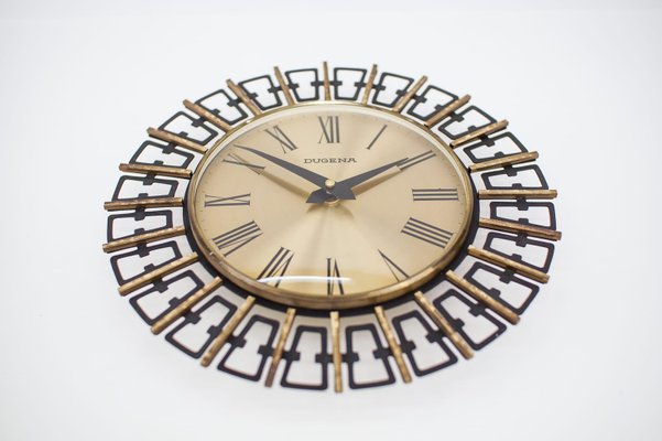 Mid-Century Modern German Sunburst Wall Clock in Brass by Dugena, 1960s-KQB-1174515