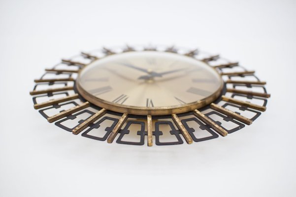 Mid-Century Modern German Sunburst Wall Clock in Brass by Dugena, 1960s-KQB-1174515