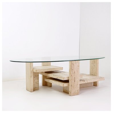 Mid-Century Modern Glass and Travertine Coffee Table by Willy Ballez, 1970s-JG-1775369