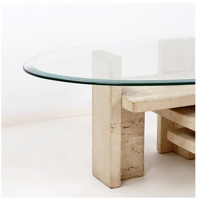 Mid-Century Modern Glass and Travertine Coffee Table by Willy Ballez, 1970s-JG-1775369