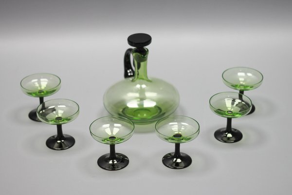 Mid-Century Modern Green and Black Glass Decanter and Glasses, 1950s, Set of 7-KEG-1765770