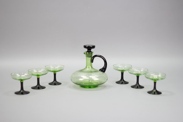 Mid-Century Modern Green and Black Glass Decanter and Glasses, 1950s, Set of 7-KEG-1765770