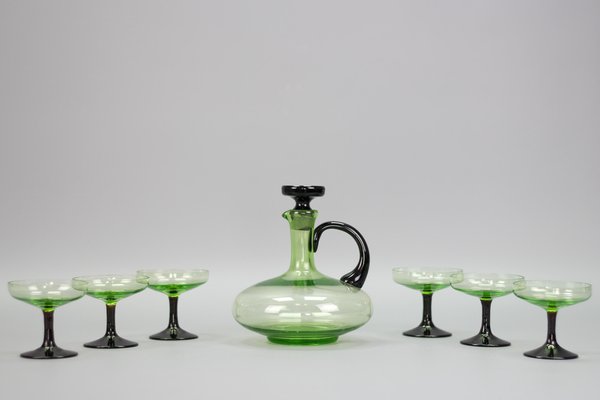 Mid-Century Modern Green and Black Glass Decanter and Glasses, 1950s, Set of 7-KEG-1765770