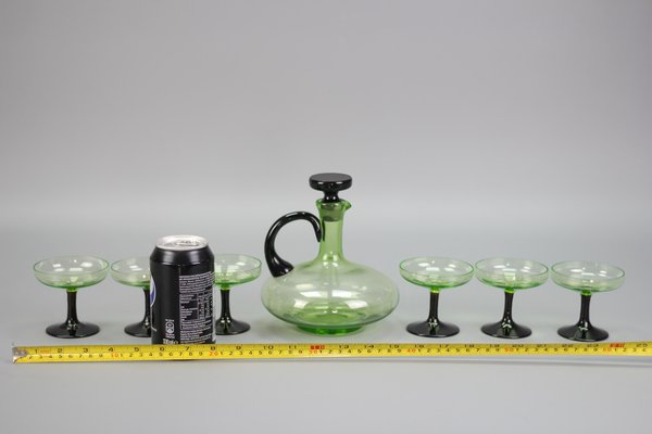 Mid-Century Modern Green and Black Glass Decanter and Glasses, 1950s, Set of 7-KEG-1765770