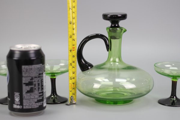 Mid-Century Modern Green and Black Glass Decanter and Glasses, 1950s, Set of 7-KEG-1765770