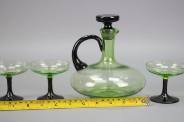 Mid-Century Modern Green and Black Glass Decanter and Glasses, 1950s, Set of 7-KEG-1765770