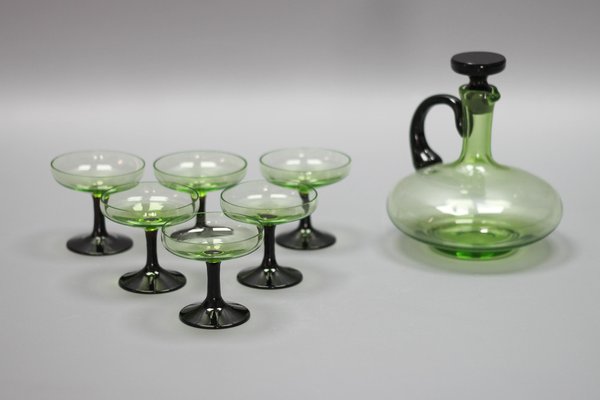 Mid-Century Modern Green and Black Glass Decanter and Glasses, 1950s, Set of 7-KEG-1765770