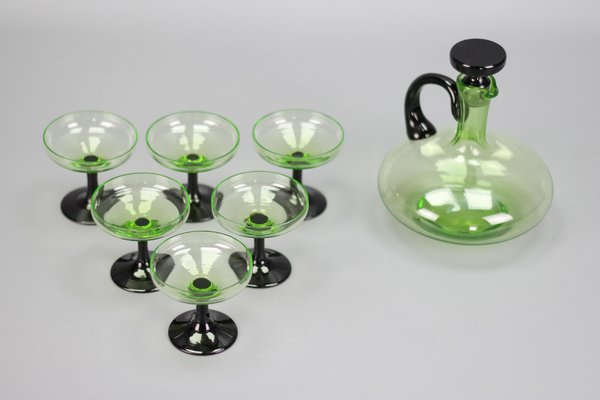 Mid-Century Modern Green and Black Glass Decanter and Glasses, 1950s, Set of 7-KEG-1765770