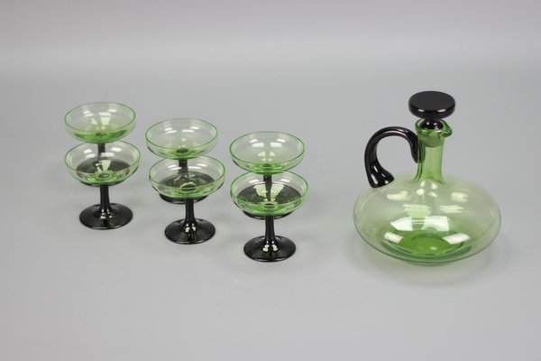 Mid-Century Modern Green and Black Glass Decanter and Glasses, 1950s, Set of 7-KEG-1765770