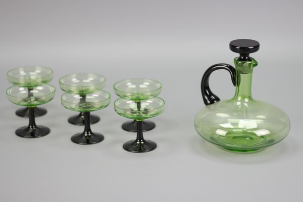 Mid-Century Modern Green and Black Glass Decanter and Glasses, 1950s, Set of 7-KEG-1765770