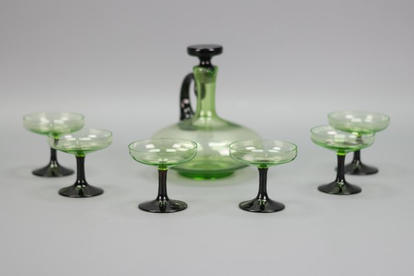 Mid-Century Modern Green and Black Glass Decanter and Glasses, 1950s, Set of 7-KEG-1765770