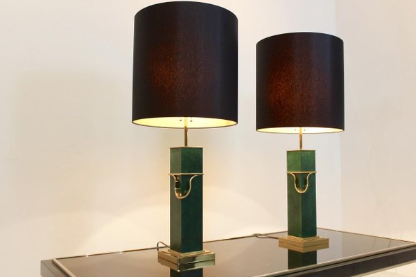 Mid-Century Modern Green and Brass Table Lamps, Set of 2-MO-667752