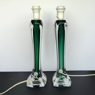 Mid-Century Modern Green Glass Table Lamps by Paul Kedelv for Swedish Flygsfors, Sweden, 1950s, Set of 2-YGE-1377380