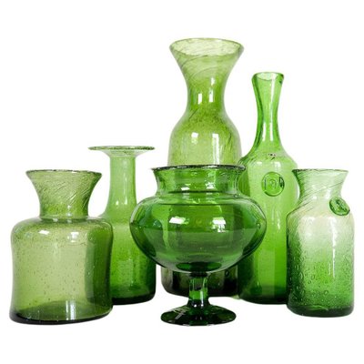 Mid-Century Modern Green Vases attributed to Erik Hoglund for Kosta, Sweden, 1960s, Set of 6-UYK-1723502