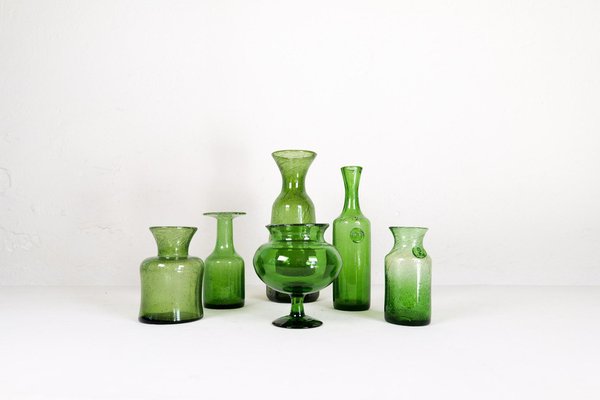 Mid-Century Modern Green Vases attributed to Erik Hoglund for Kosta, Sweden, 1960s, Set of 6-UYK-1723502