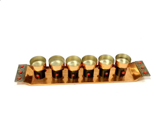 Mid-Century Modern Handmade Liqueur Glasses Set in Copper and Enamel, 1970s, Set of 7-UWE-998120