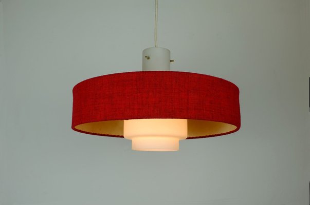 Mid-Century Modern Hanging Lamp in White Glass & Red Fabric, 1960s-FH-982783