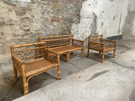 Mid-Century Modern Italian Bamboo Living Room Set with Vienna Straw Seat, 1970s, Set of 4-DHH-1355288