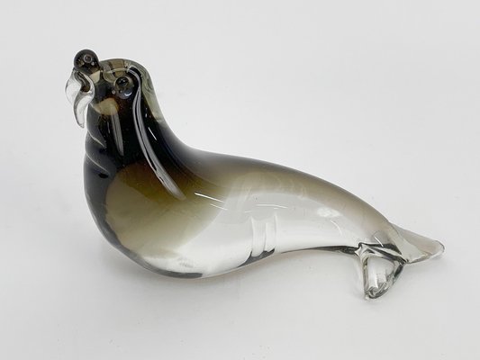 Mid-Century Modern Italian Black Brown Murano Glass Walrus Sculpture, Italy, 1960s-JDR-1126111