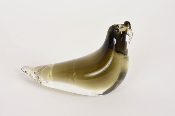 Mid-Century Modern Italian Black Brown Murano Glass Walrus Sculpture, Italy, 1960s-JDR-1126111