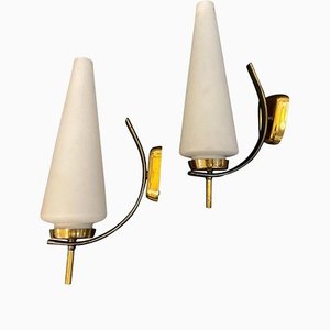 Mid-Century Modern Italian Brass and Glass Wall Sconces in the Style of Stilnovo, Set of 2, 1960s-NMK-1150581