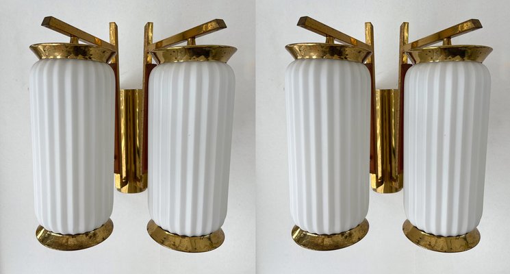 Mid-Century Modern Italian Brass and Opaline Glass Barrel Sconces, 1950s, Set of 2-FUE-1328398