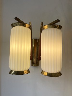 Mid-Century Modern Italian Brass and Opaline Glass Barrel Sconces, 1950s, Set of 2-FUE-1328398