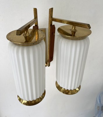 Mid-Century Modern Italian Brass and Opaline Glass Barrel Sconces, 1950s, Set of 2-FUE-1328398