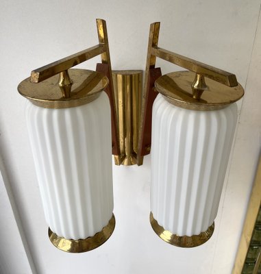 Mid-Century Modern Italian Brass and Opaline Glass Barrel Sconces, 1950s, Set of 2-FUE-1328398