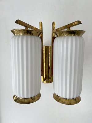 Mid-Century Modern Italian Brass and Opaline Glass Barrel Sconces, 1950s, Set of 2-FUE-1328398