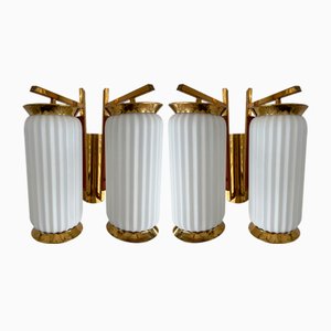 Mid-Century Modern Italian Brass and Opaline Glass Barrel Sconces, 1950s, Set of 2-FUE-1328398